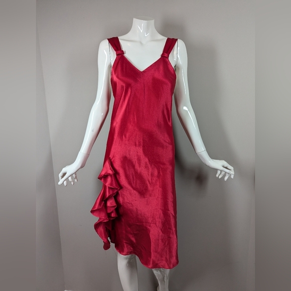 Victoria's Secret Other - Victoria’s Secret Gold Label Red Satin Slip Dress – Ruffle Side Detail Sz S